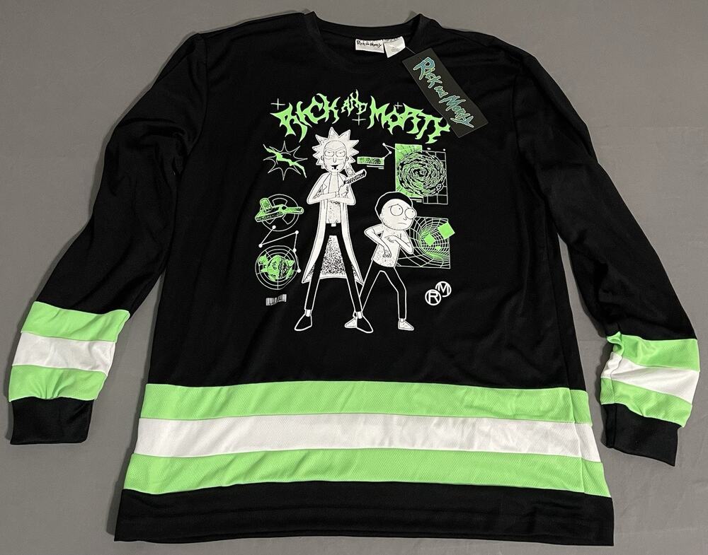 Rick and Morty Hockey Jersey Long Sleeve Black Large NWT Graphic Shirt